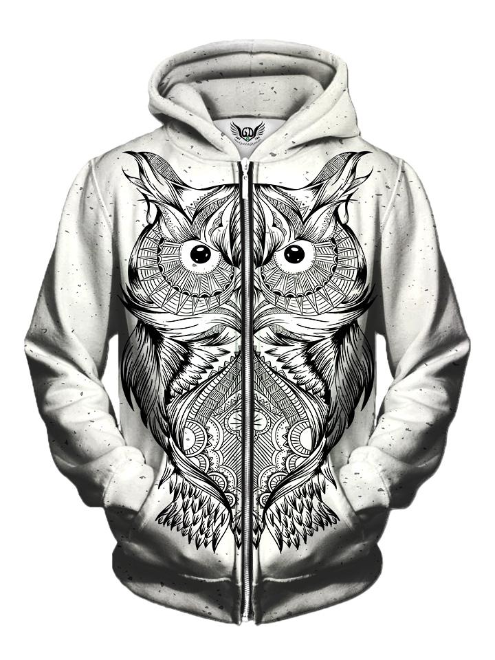 Men's white with black owl line drawing zip-up hoodie front view.