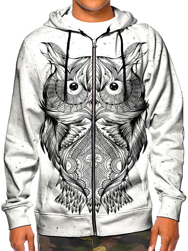 Model wearing GratefullyDyed Apparel psychedelic white owl zip-up hoodie.