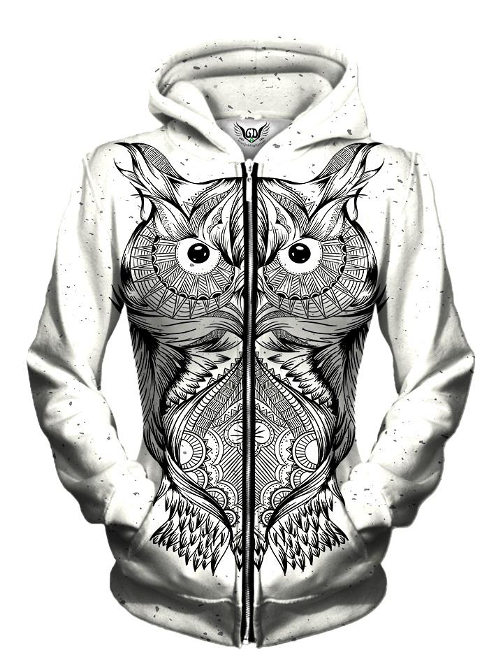 Front view of women's all over print animal zip up hoody by Gratefully Dyed Apparel.