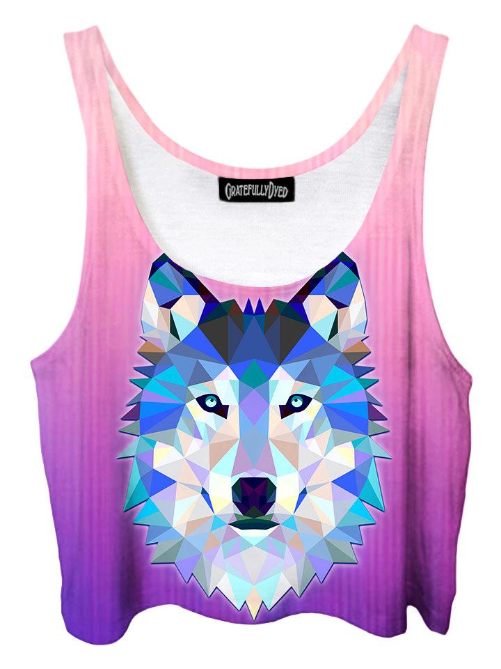 Trippy front view of GratefullyDyed Apparel pink, blue & white geometric wolf crop top.