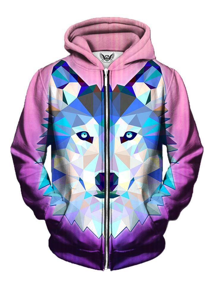 Men's pink with blue & white geometric wolf zip-up hoodie front view.