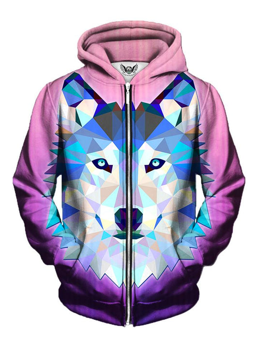 Men's pink with blue & white geometric wolf zip-up hoodie front view.
