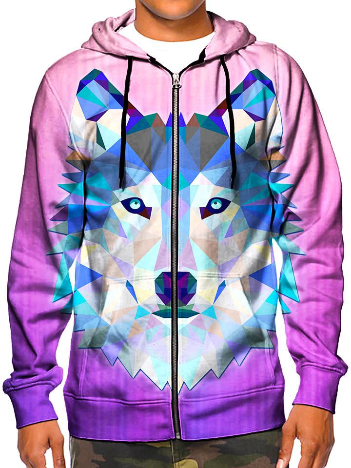 Model wearing GratefullyDyed Apparel geometric wolf zip-up hoodie.