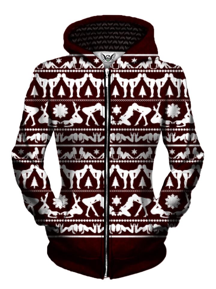 Naughty Girls Maroon and White Christmas Zip Up Hoodie Front View
