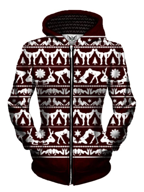Naughty Girls Maroon and White Christmas Zip Up Hoodie Front View