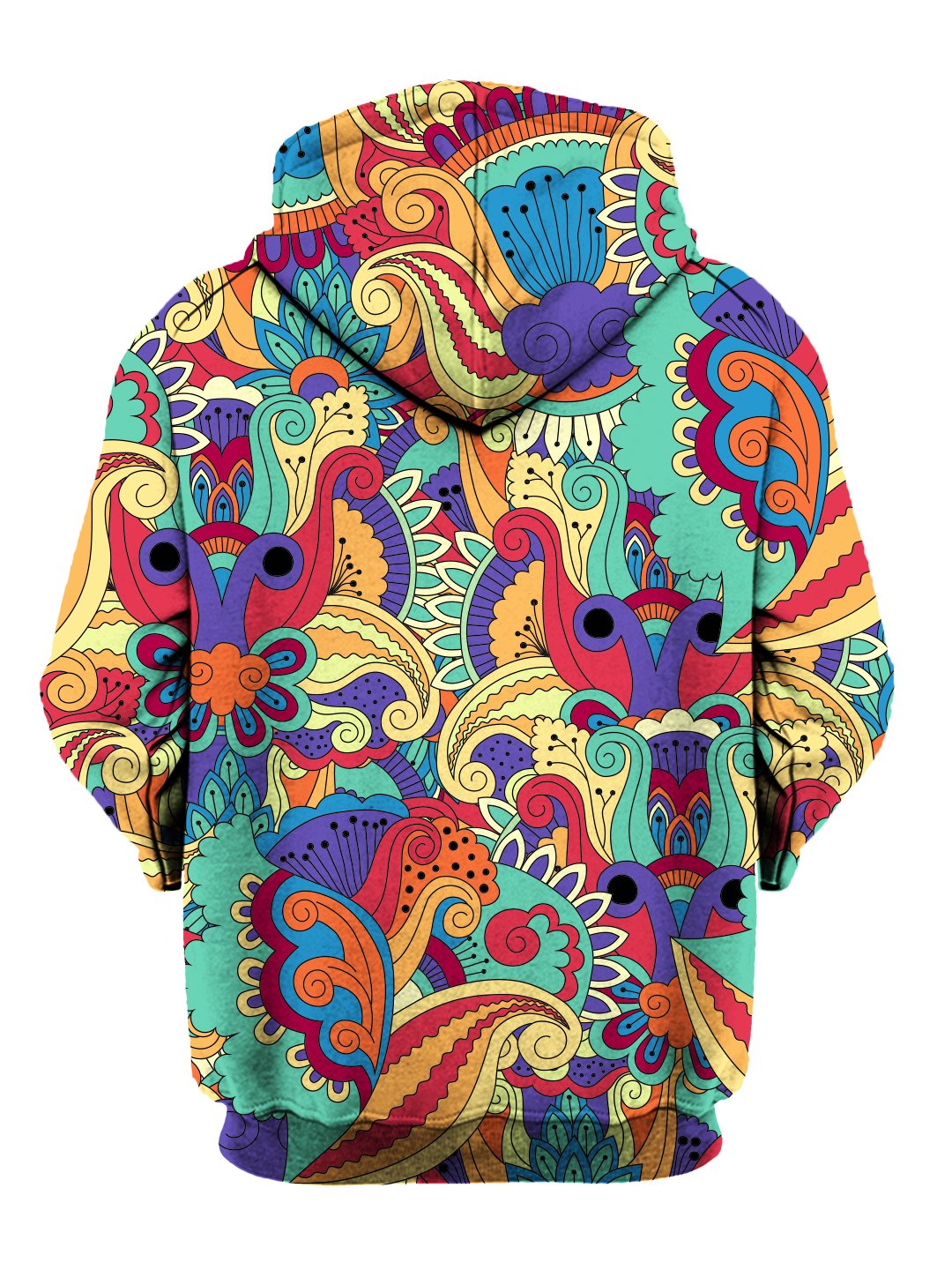 Back view of same psychedelic flower all over print hoody by Gratefully Dyed Apparel. 