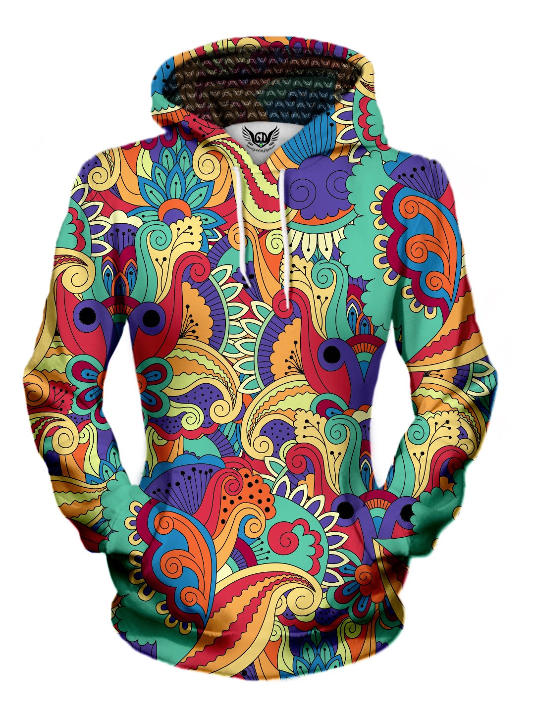 Women's front view of trippy retro flower pullover hoodie.