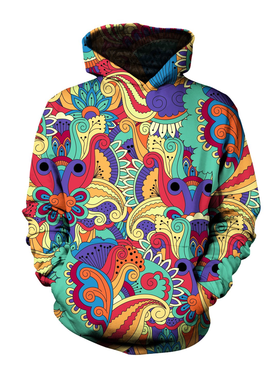 Men's rainbow paisley flower pullover hoodie front view.