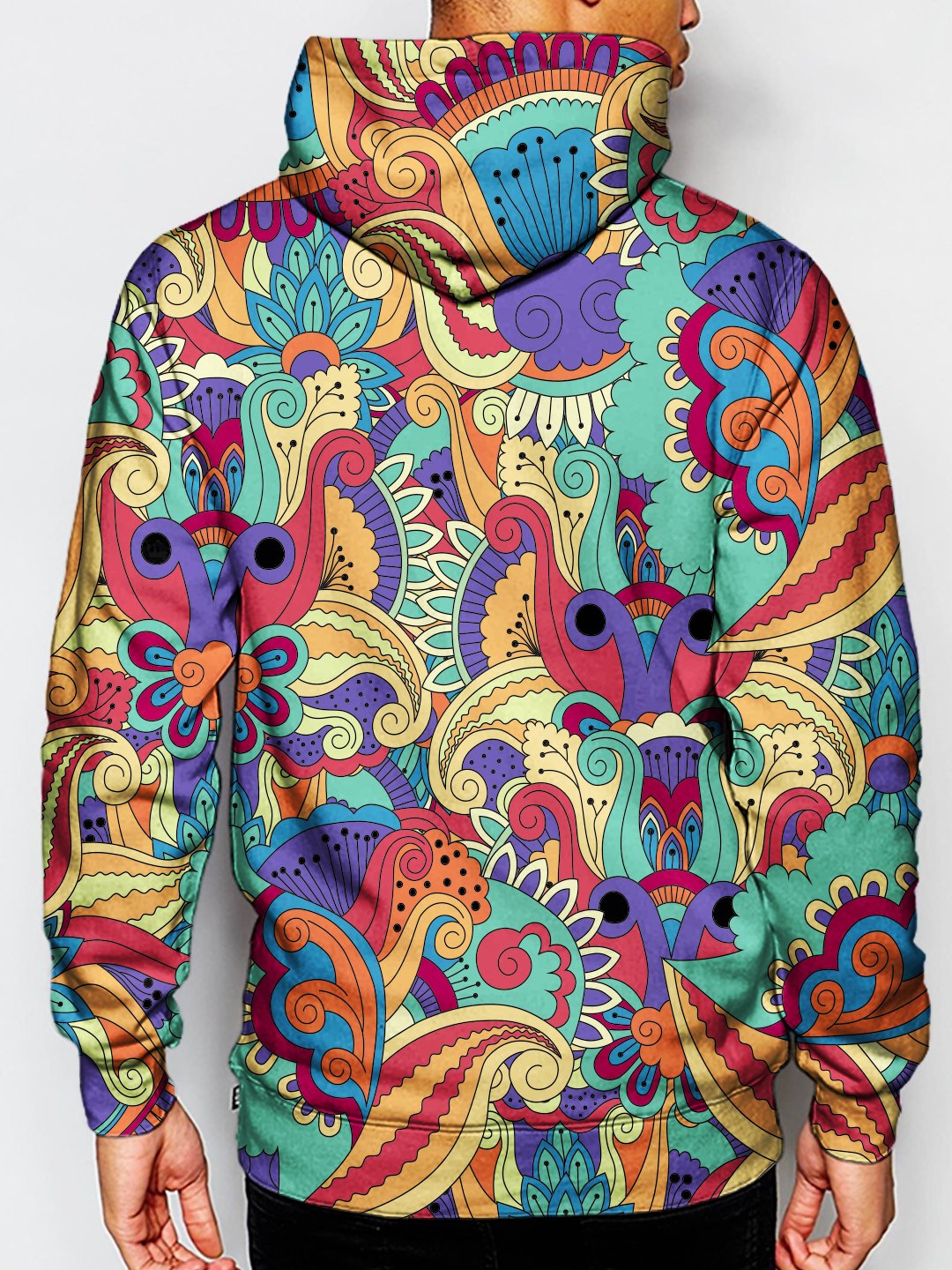 Model wearing GratefullyDyed Apparel psychedelic retro flower hoodie.