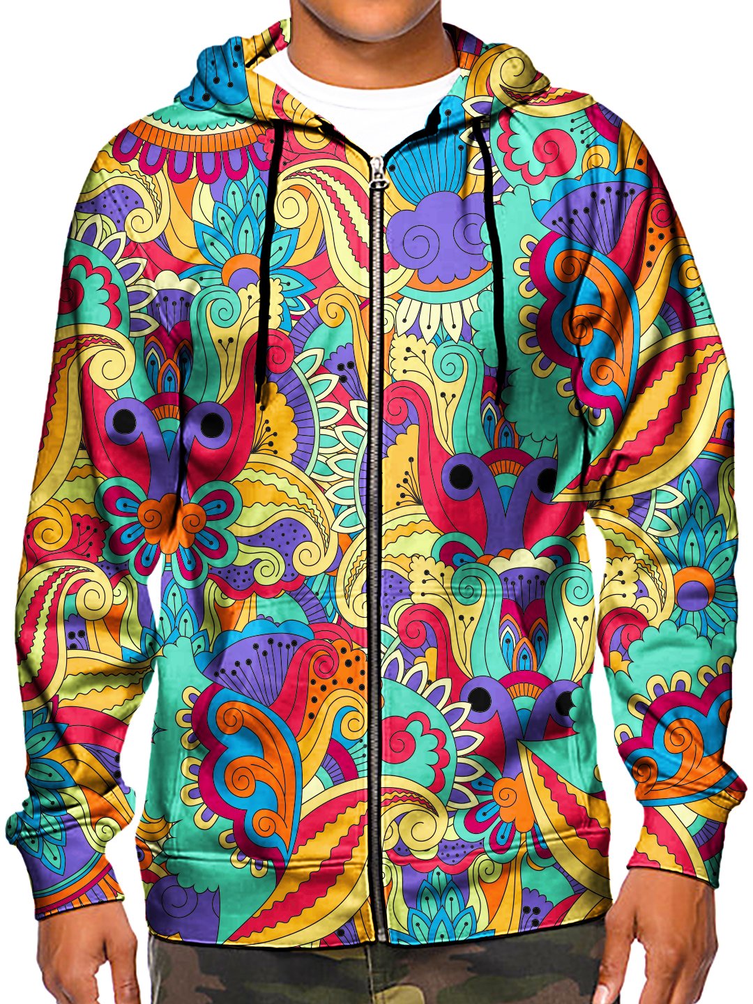 Model wearing GratefullyDyed Apparel psychedelic floral zip up hoodie.