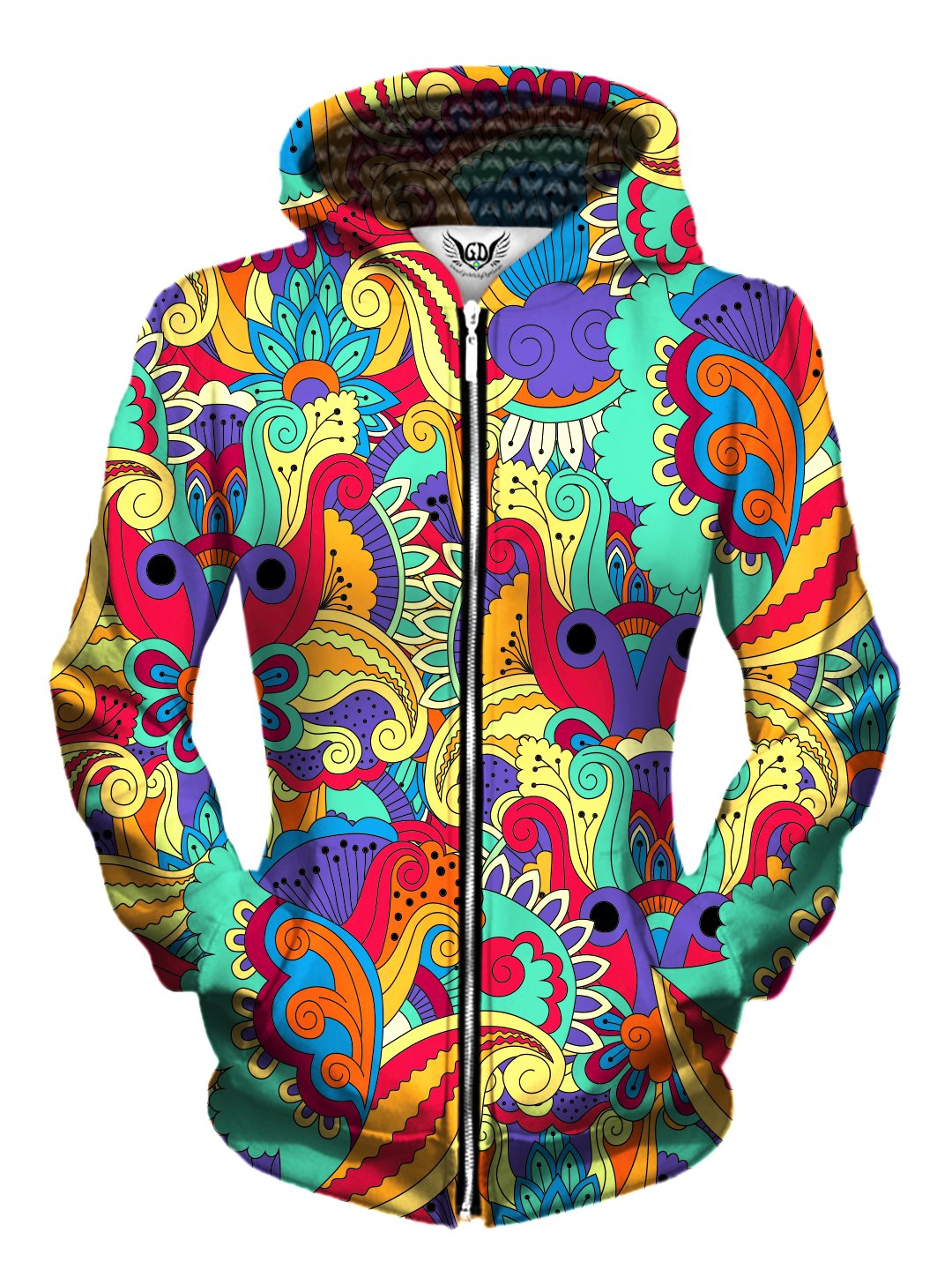 Front view of women's all over print psychedelic floral zip up hoody by Gratefully Dyed Apparel.