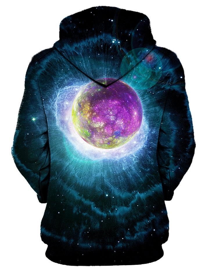 Rear of women's black with purple planet & nebula all over print hoody. 