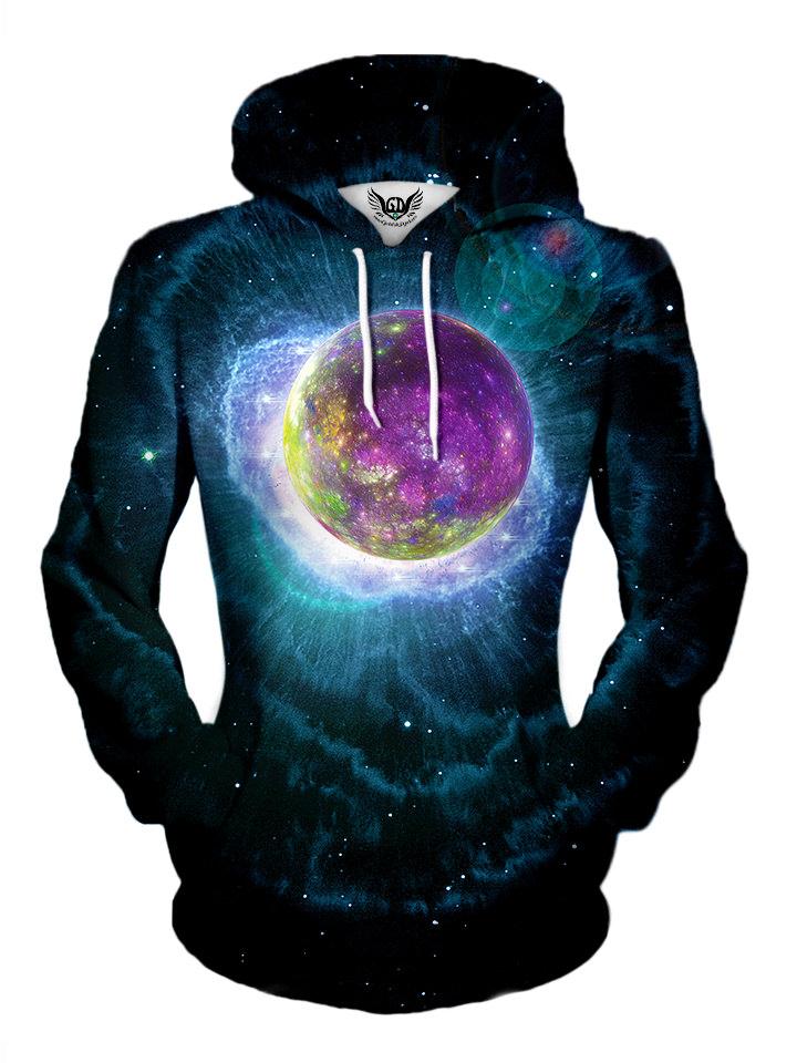 Women's front view of trippy space planet pullover hoodie.