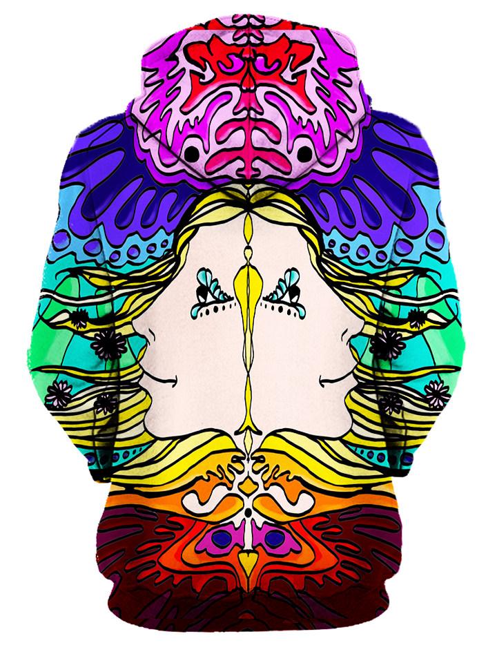 Rear of women's rainbow & mirrored face art all over print hoody. 