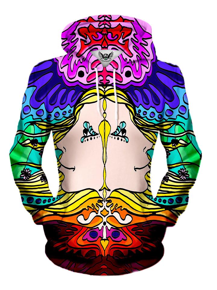 Women's front view of trippy visionary art pullover hoodie.