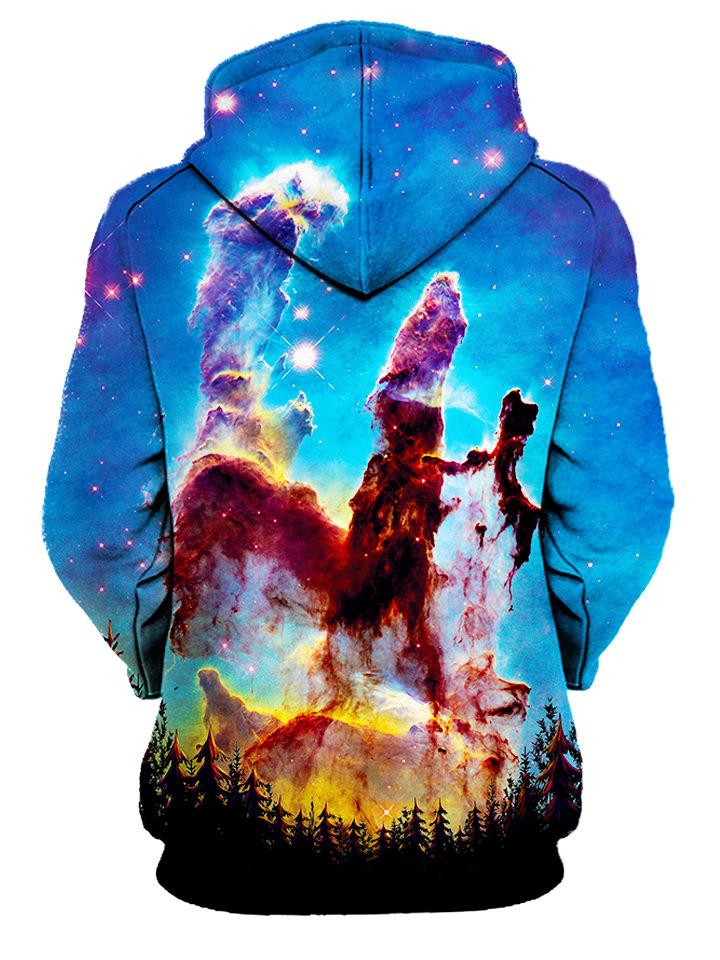 Rear of women's galactic nebula forest all over print hoody. 