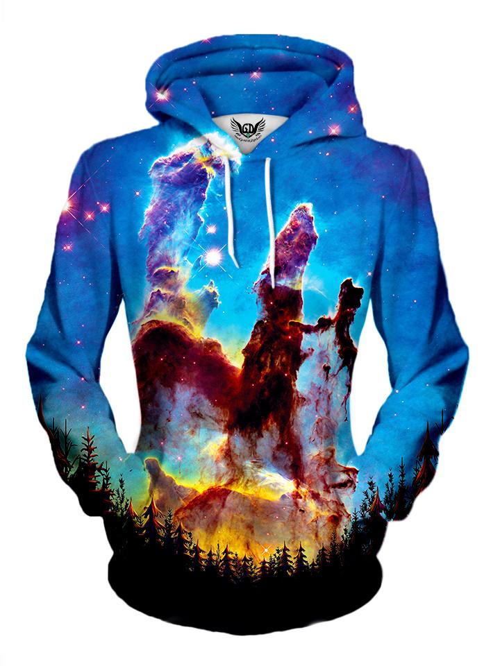 Women's front view of trippy forest galaxy pullover hoodie.